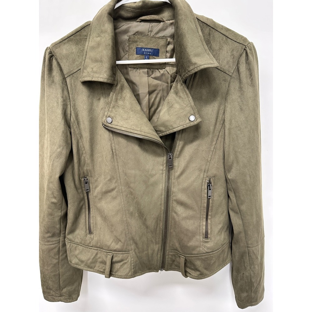 Kaari Blue Olive Green Faux Suede Moto Jacket Puff Shoulder Womens Large